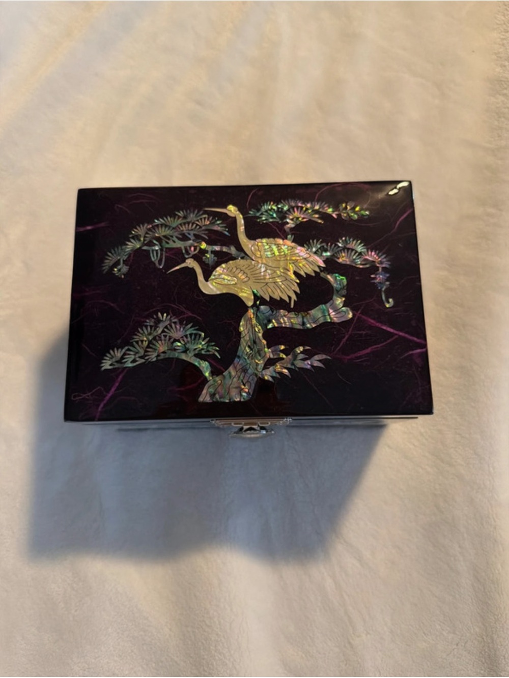 Decorative Black Lacquer Jewelry Box with Mother-of-Pearl Crane Inlay